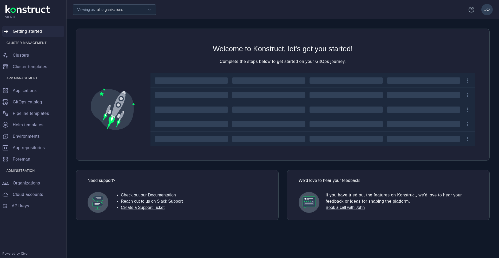 The Konstruct dashboard after signing in