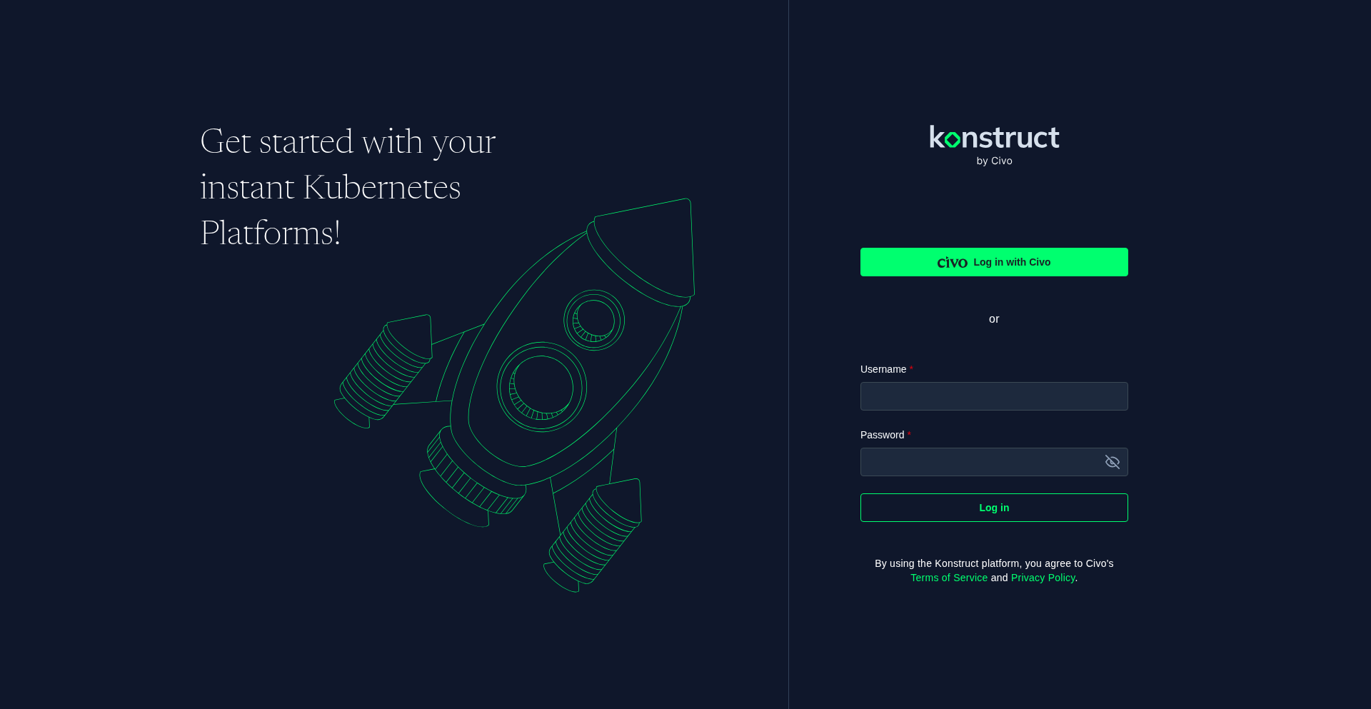The Konstruct login screen