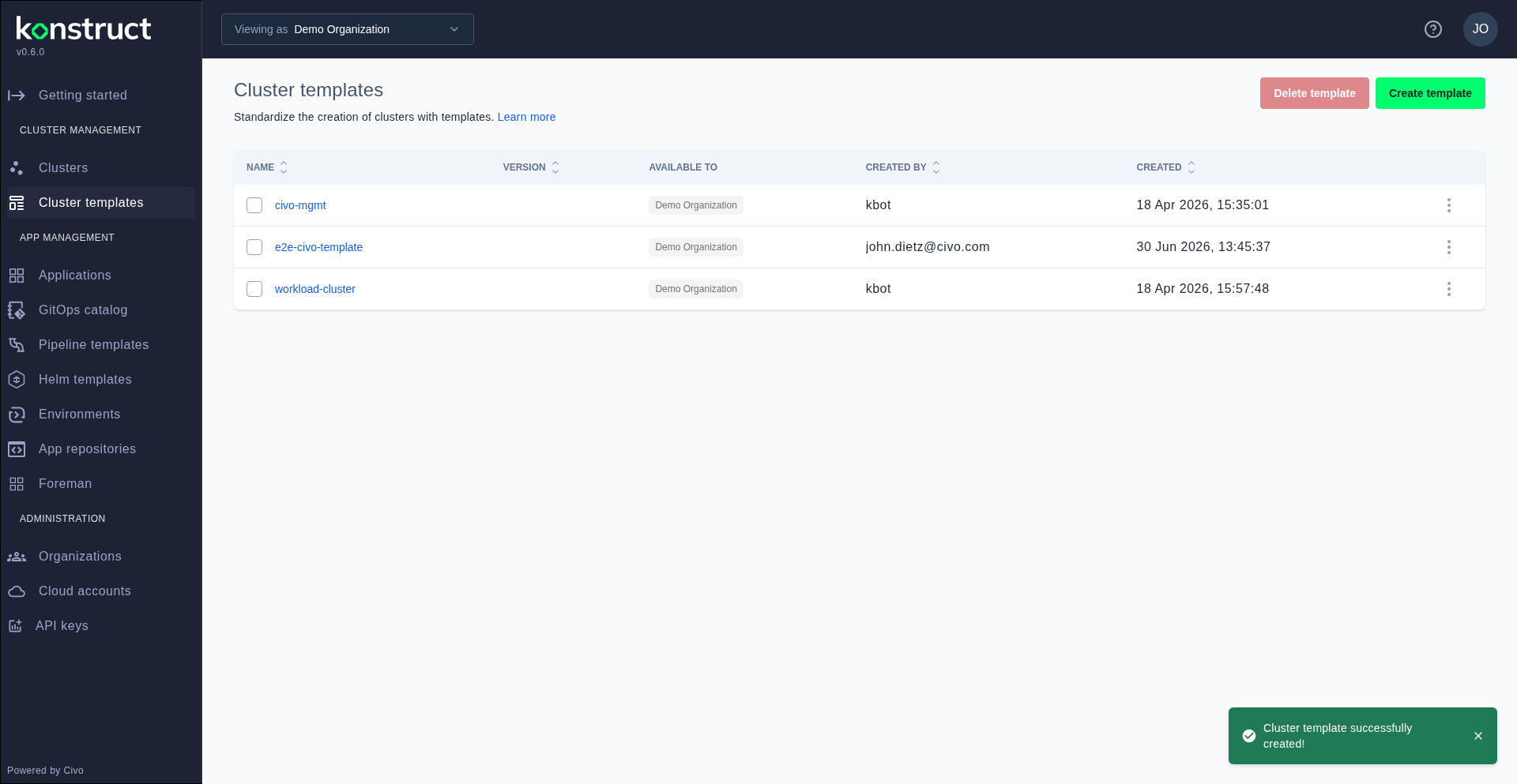 Cluster template list showing the newly created template