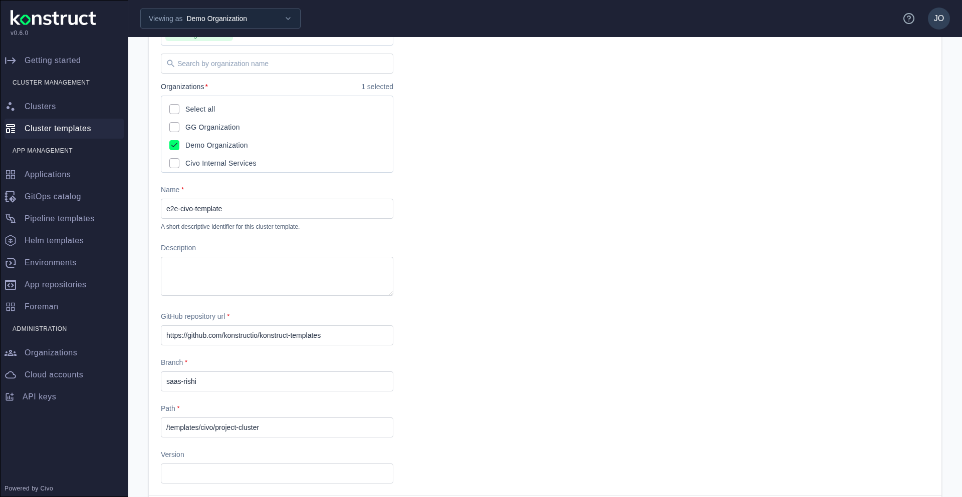 The create cluster template form with fields filled