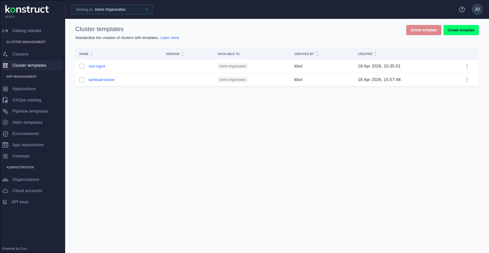 The cluster templates list page