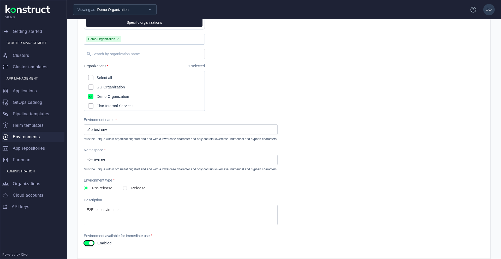 The create environment form