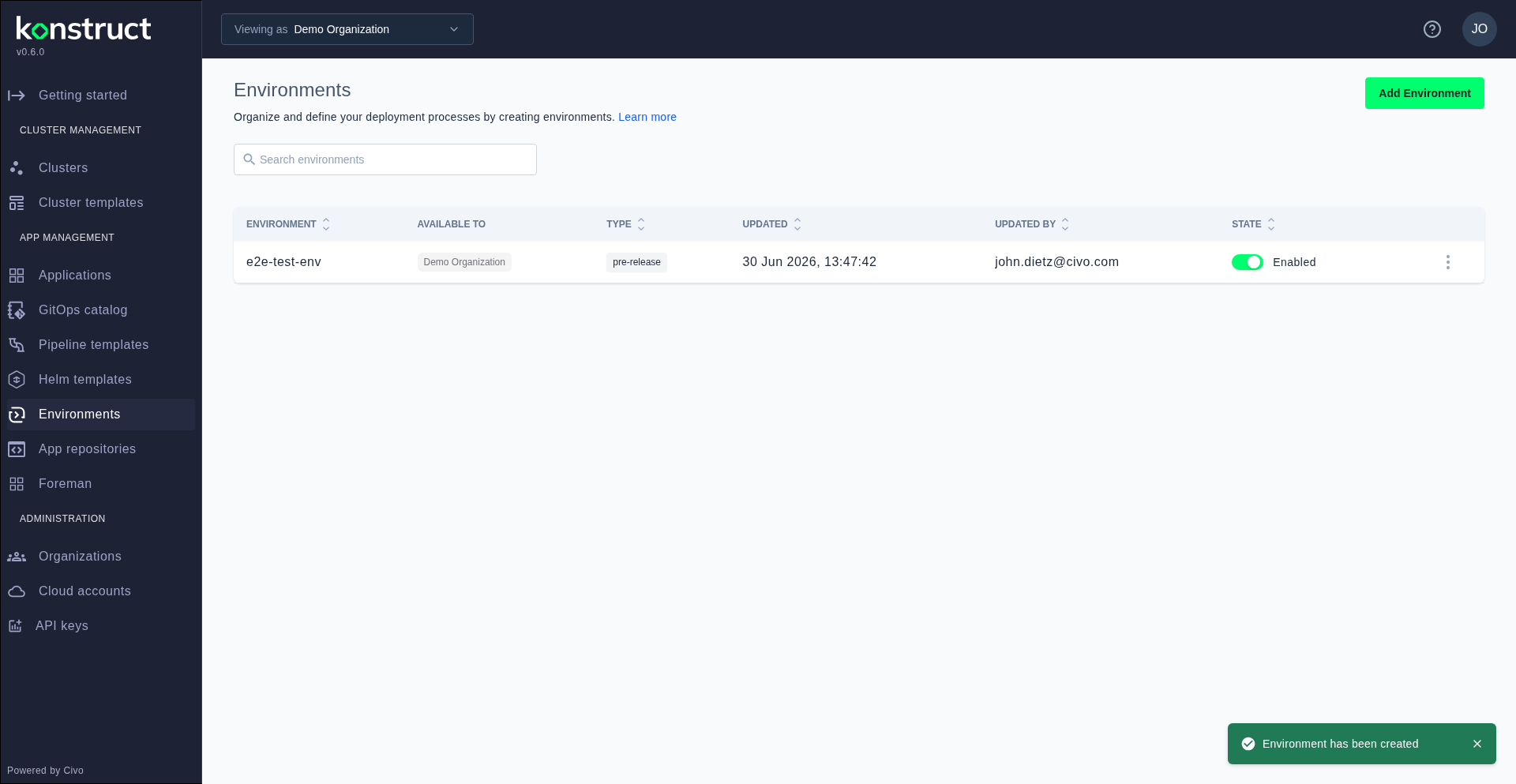 Environments list showing the newly created environment