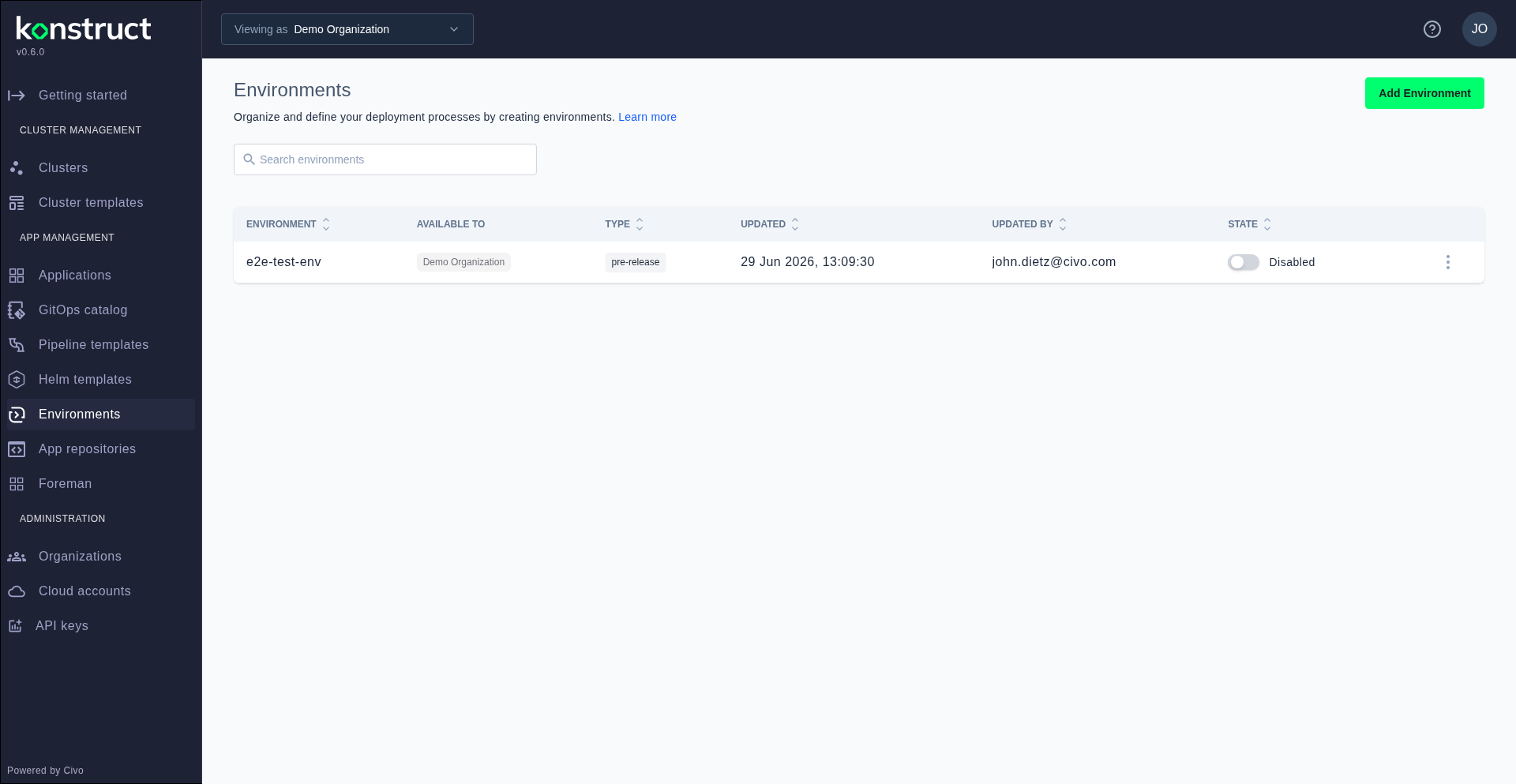The environments list page