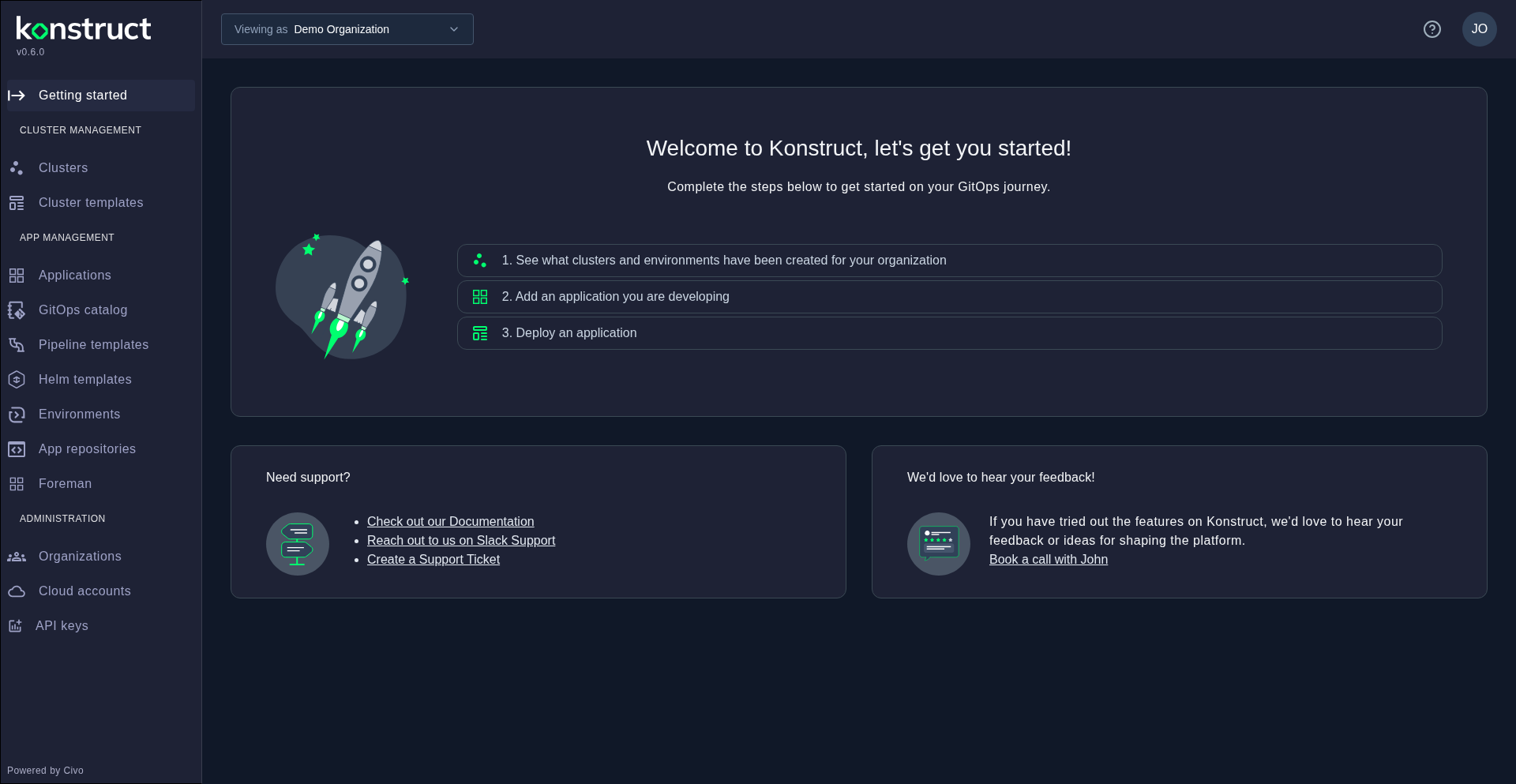 After selecting Demo Organization — the sidebar now shows the full org-scoped navigation