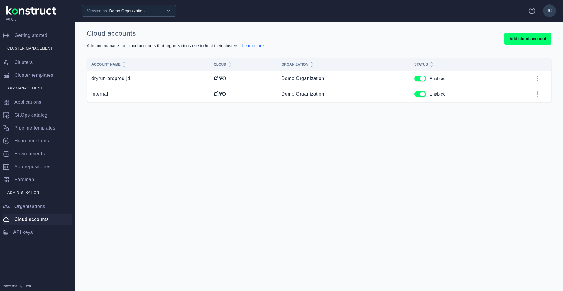 The Cloud Accounts list page showing registered cloud providers