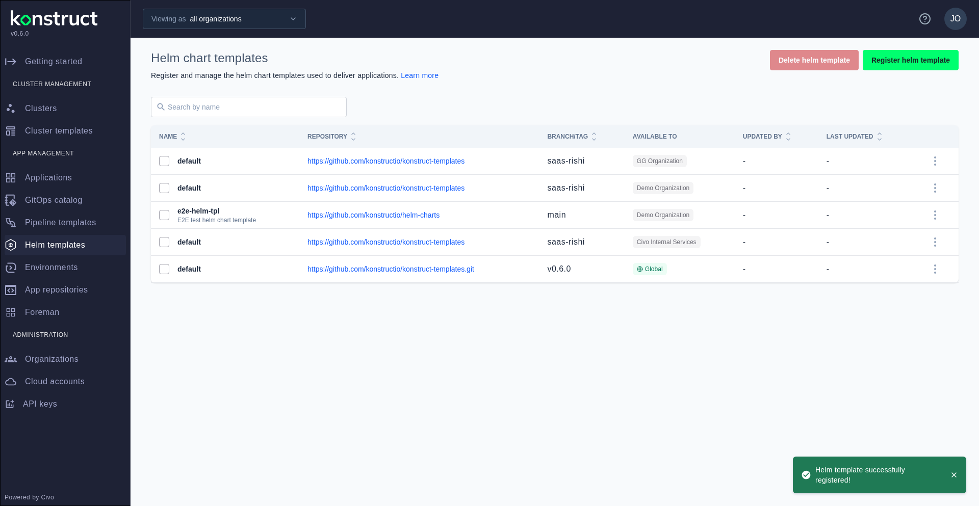 Helm templates list showing the newly registered template