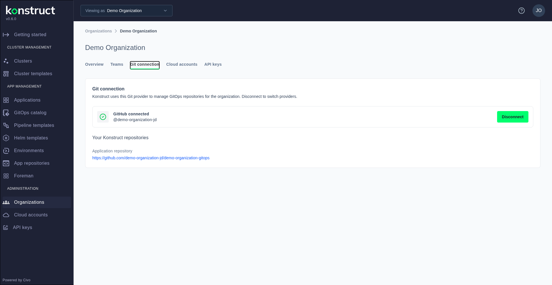 The Git connection tab on the organization detail page