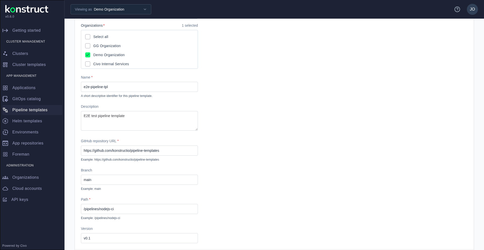 The create pipeline template form