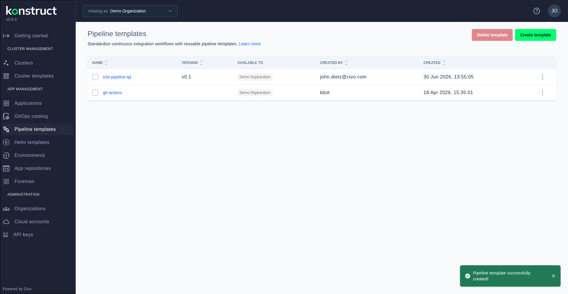 Pipeline templates list showing the newly created template