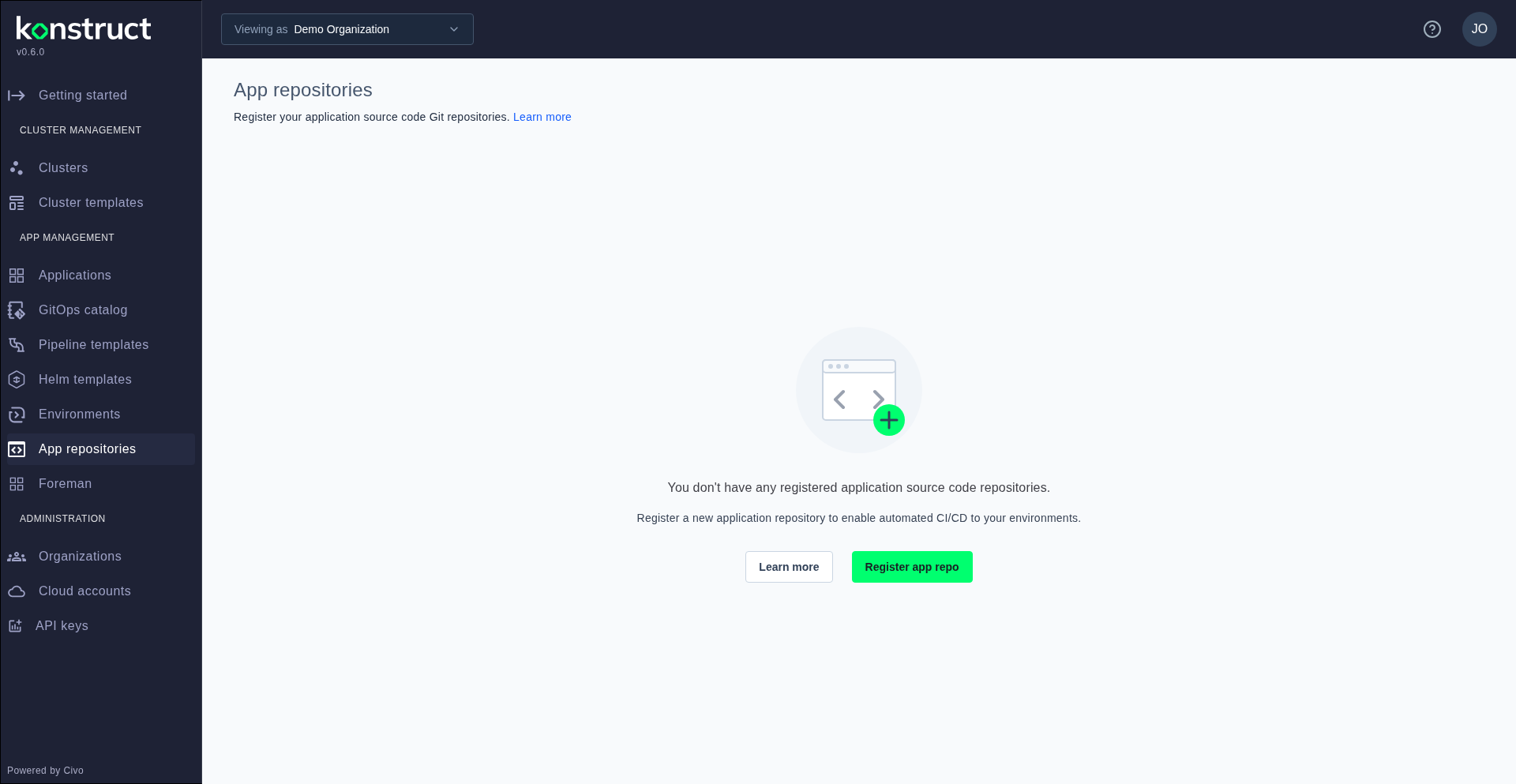 The app repositories list page