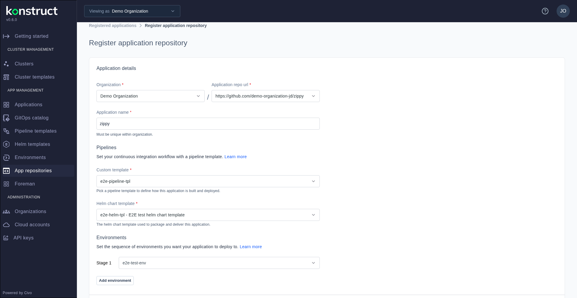 The register app repository form with cascading dropdowns