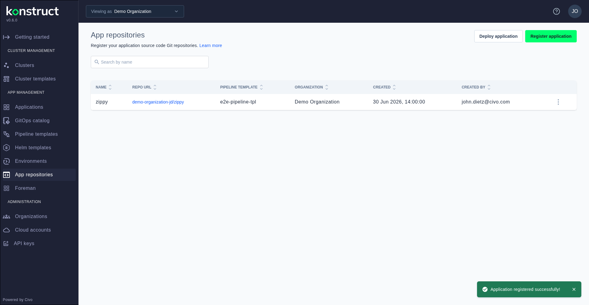 App repositories list showing the newly registered application