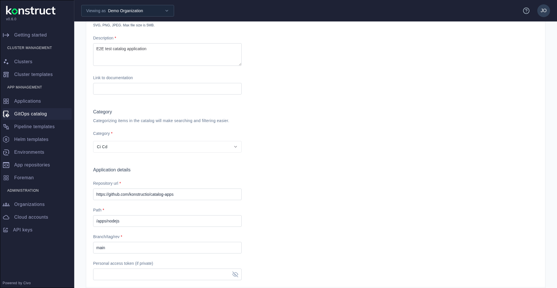 The add catalog item form
