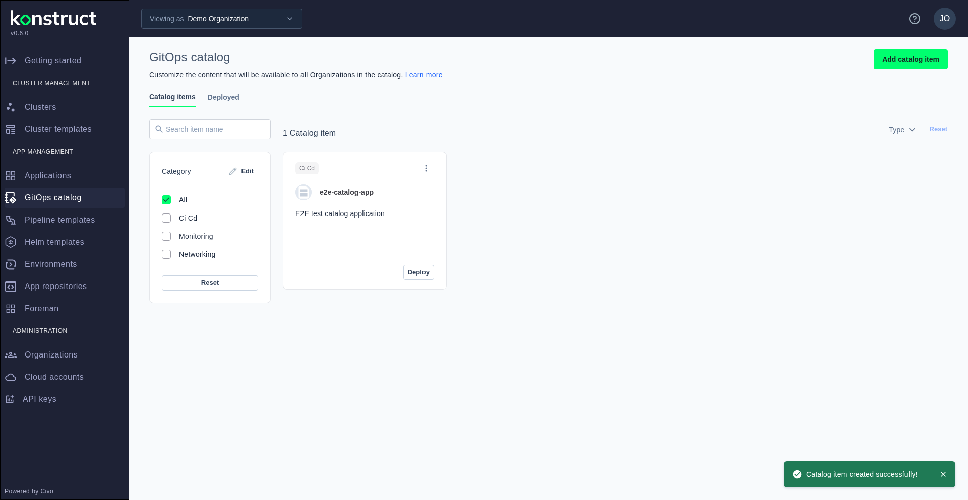 GitOps catalog showing the newly added item