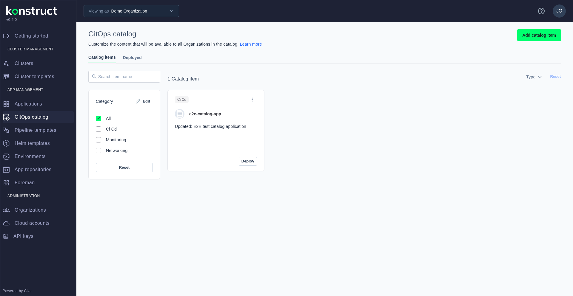 The GitOps catalog listing available applications