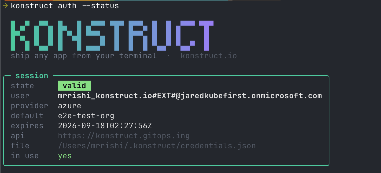 Terminal showing a session panel marked valid, with the user, identity provider, default organization, expiry, API address and session file