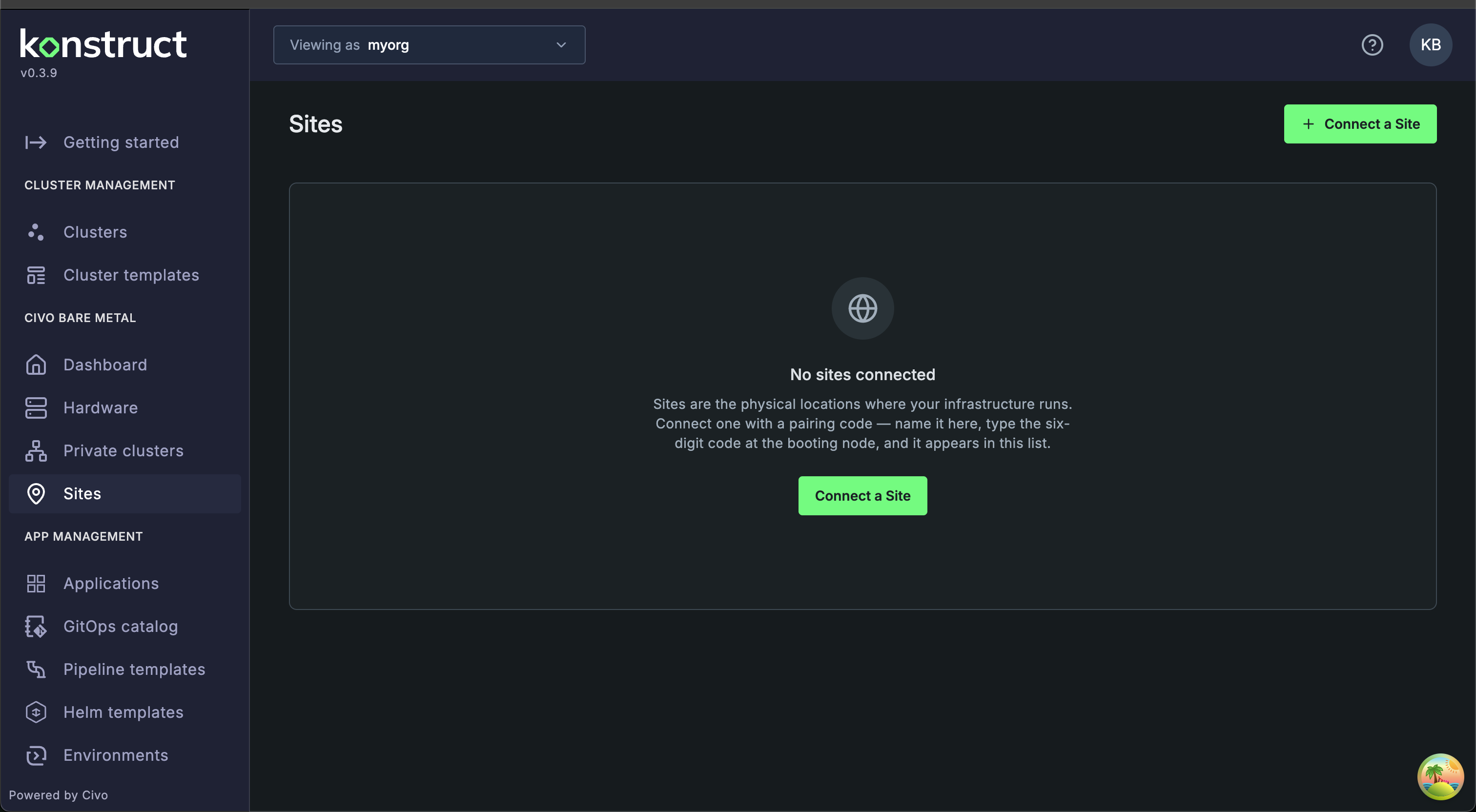 Civo Bare Metal in the Konstruct navigation, showing the Sites page
