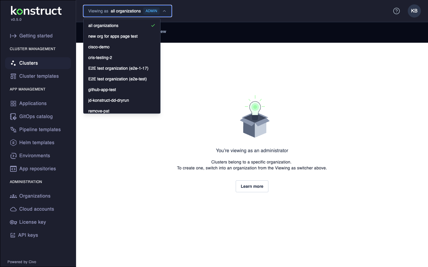 Clusters page