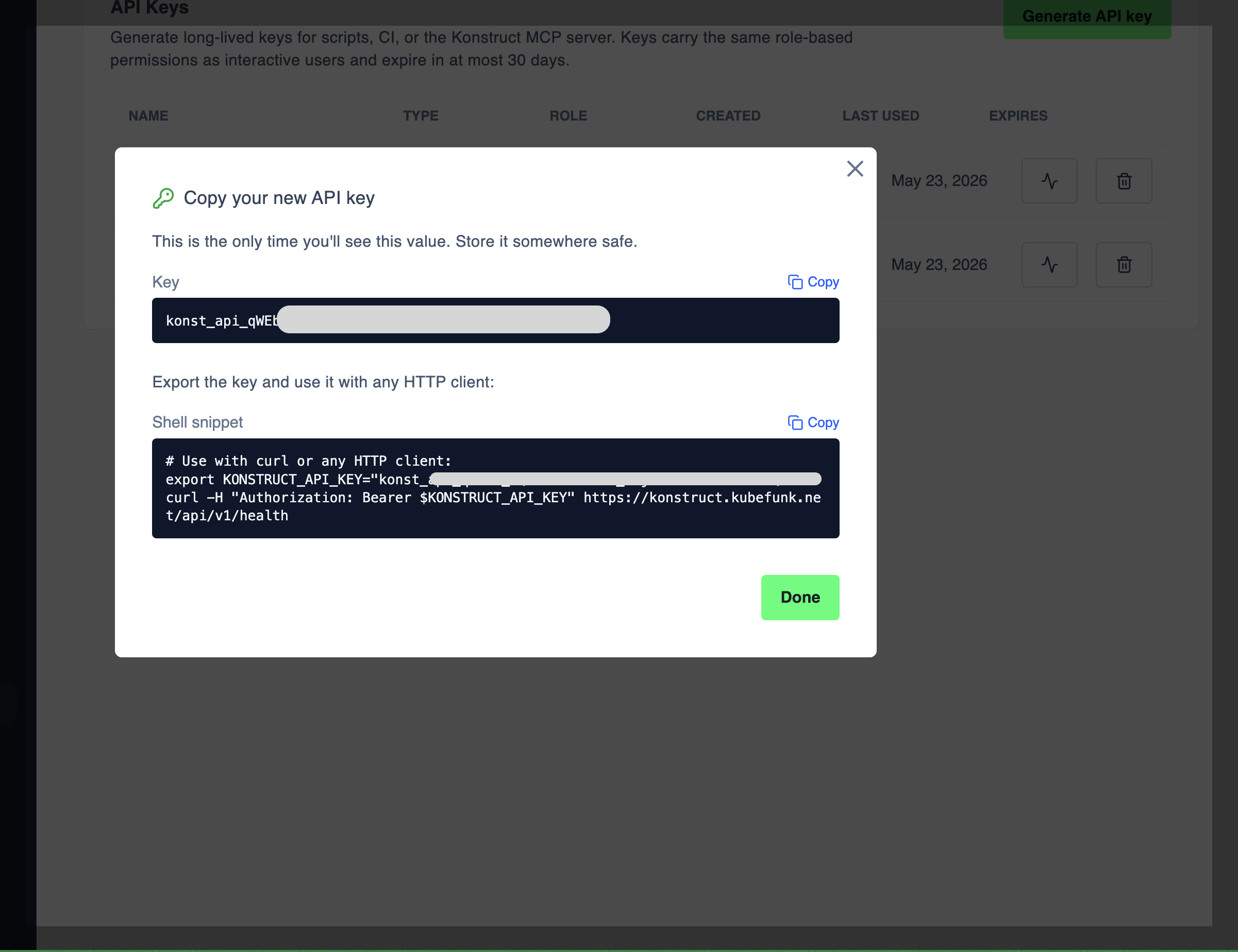 Copy your new API key dialog with shell snippet