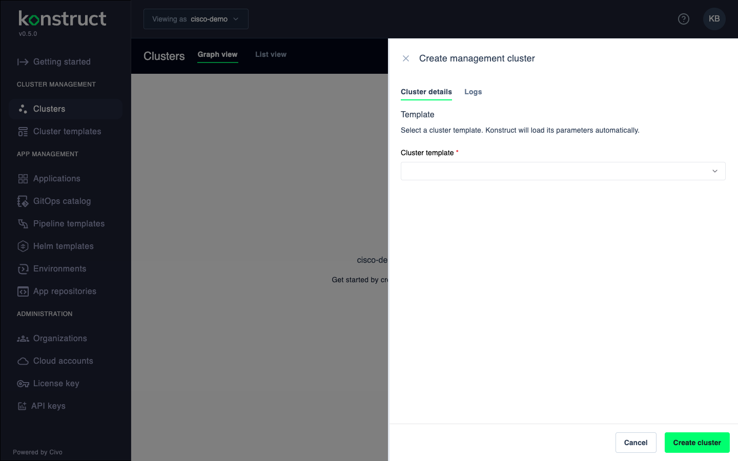 Management cluster creation form