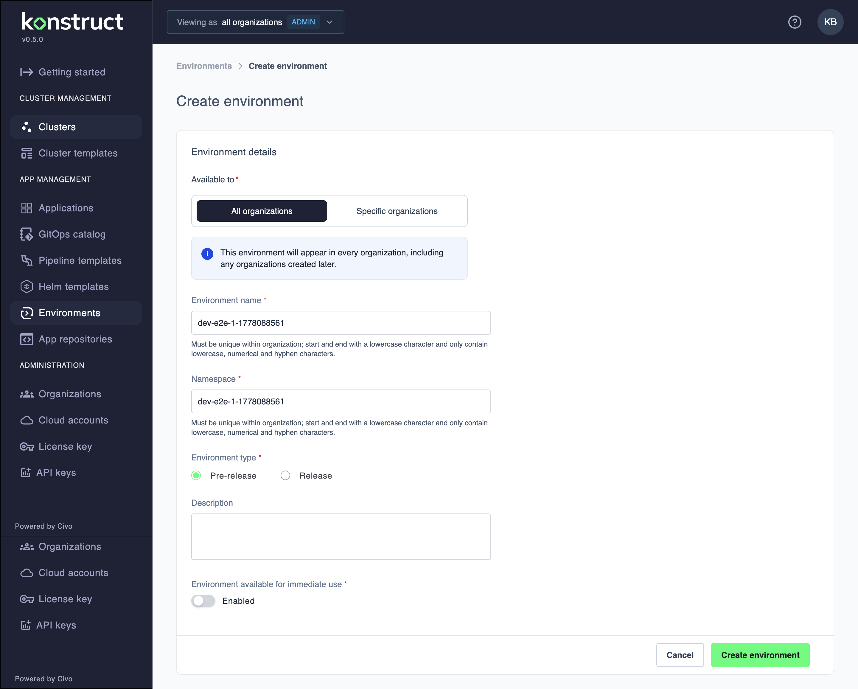 Create environment form