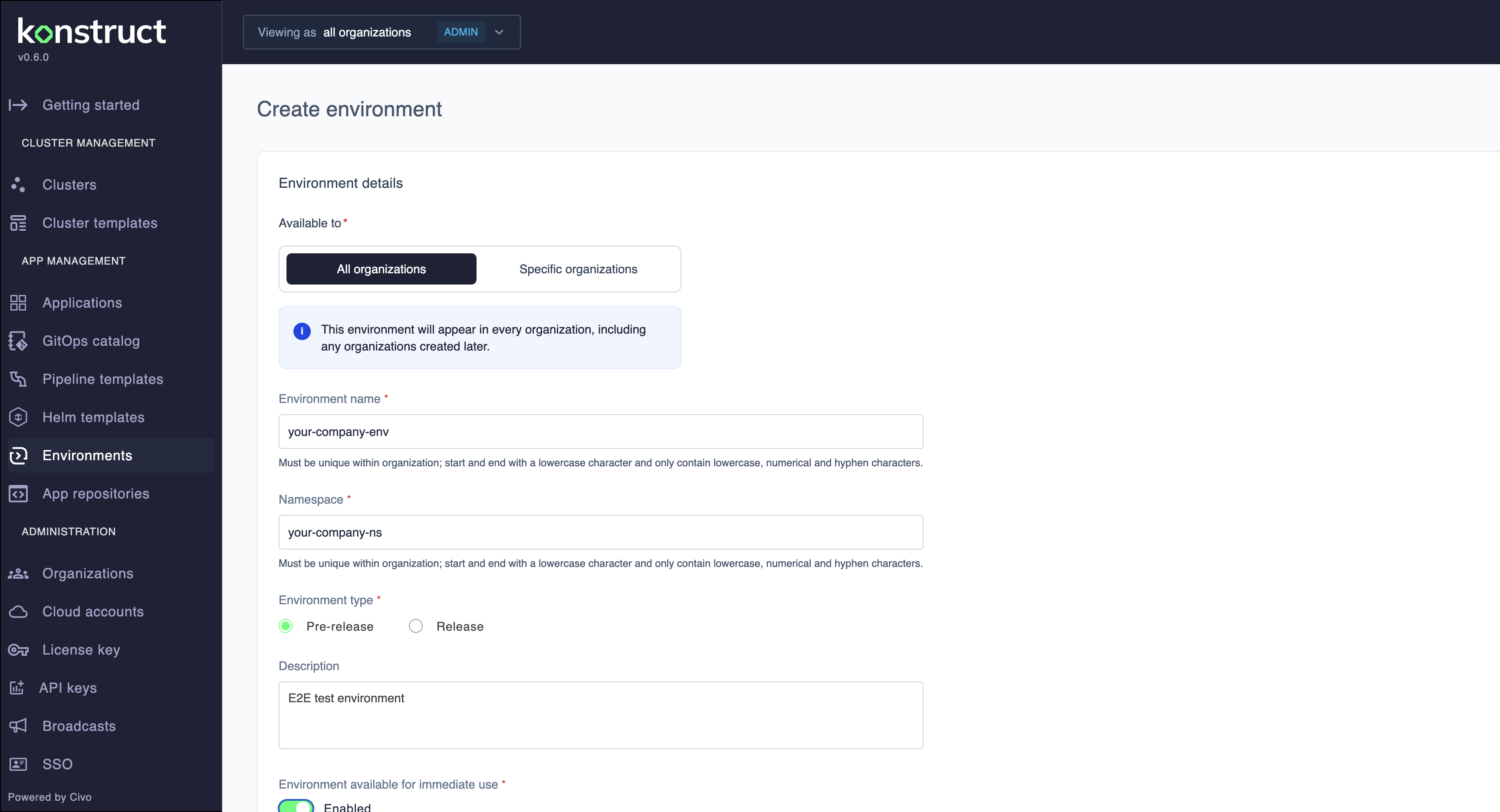 Create environment form