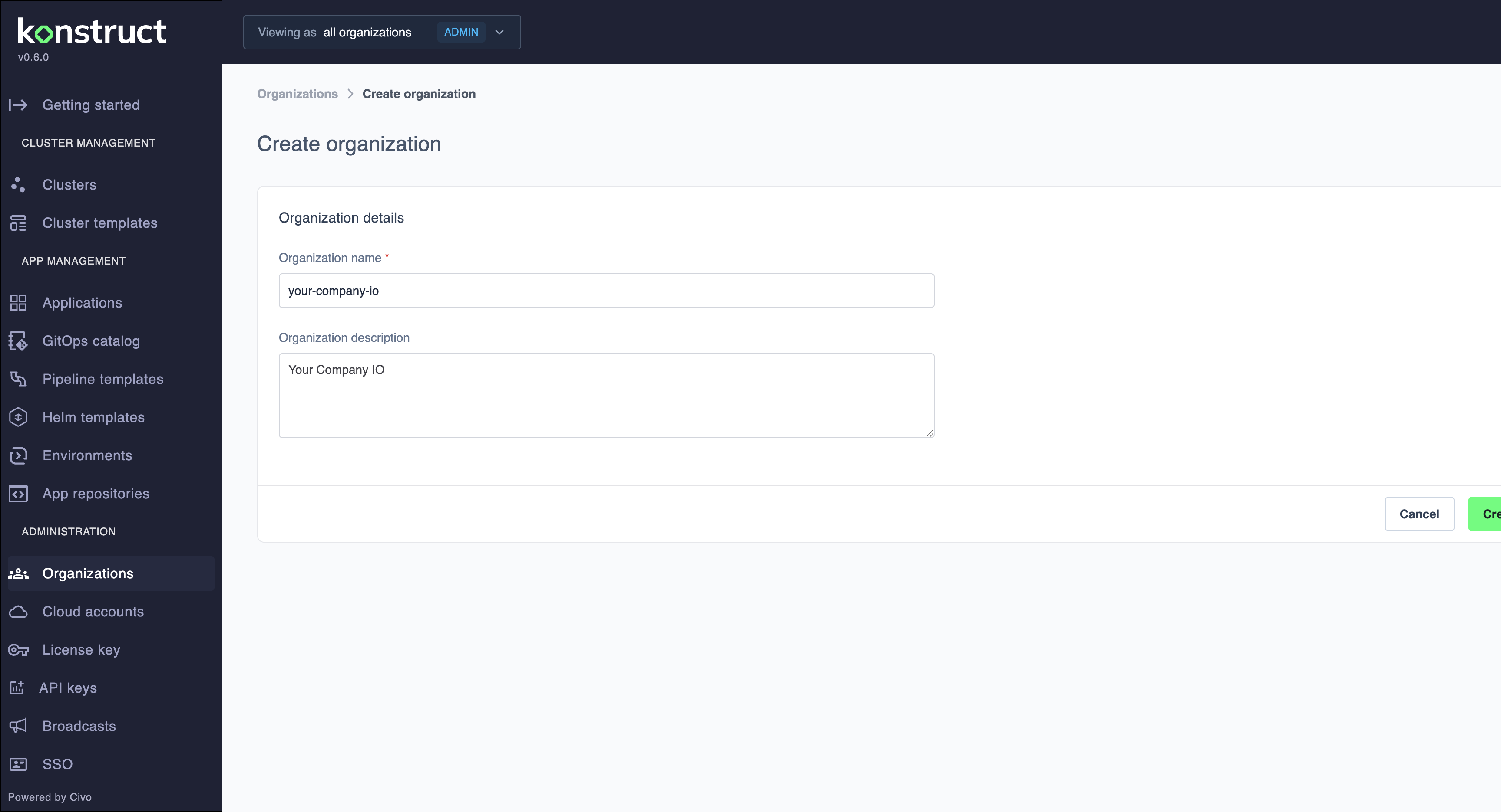 Create Organization Form