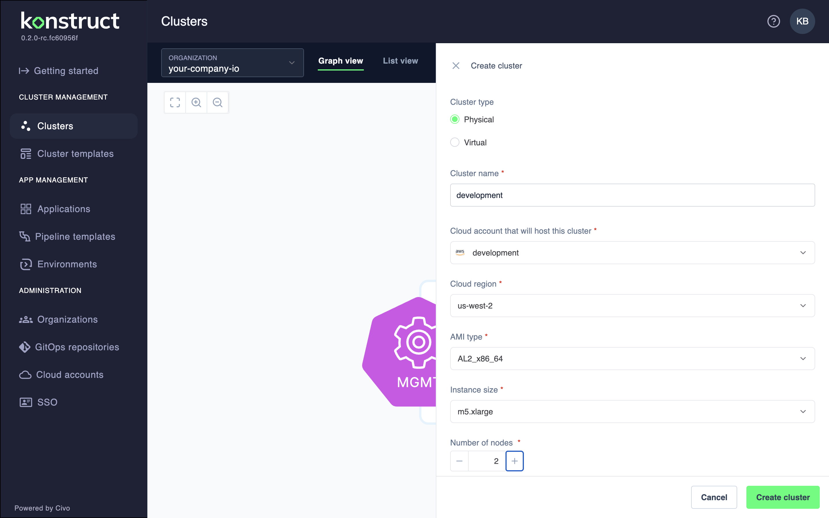 Workload cluster form filled