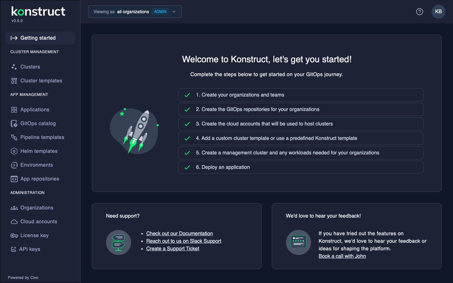 Konstruct Getting Started Dashboard