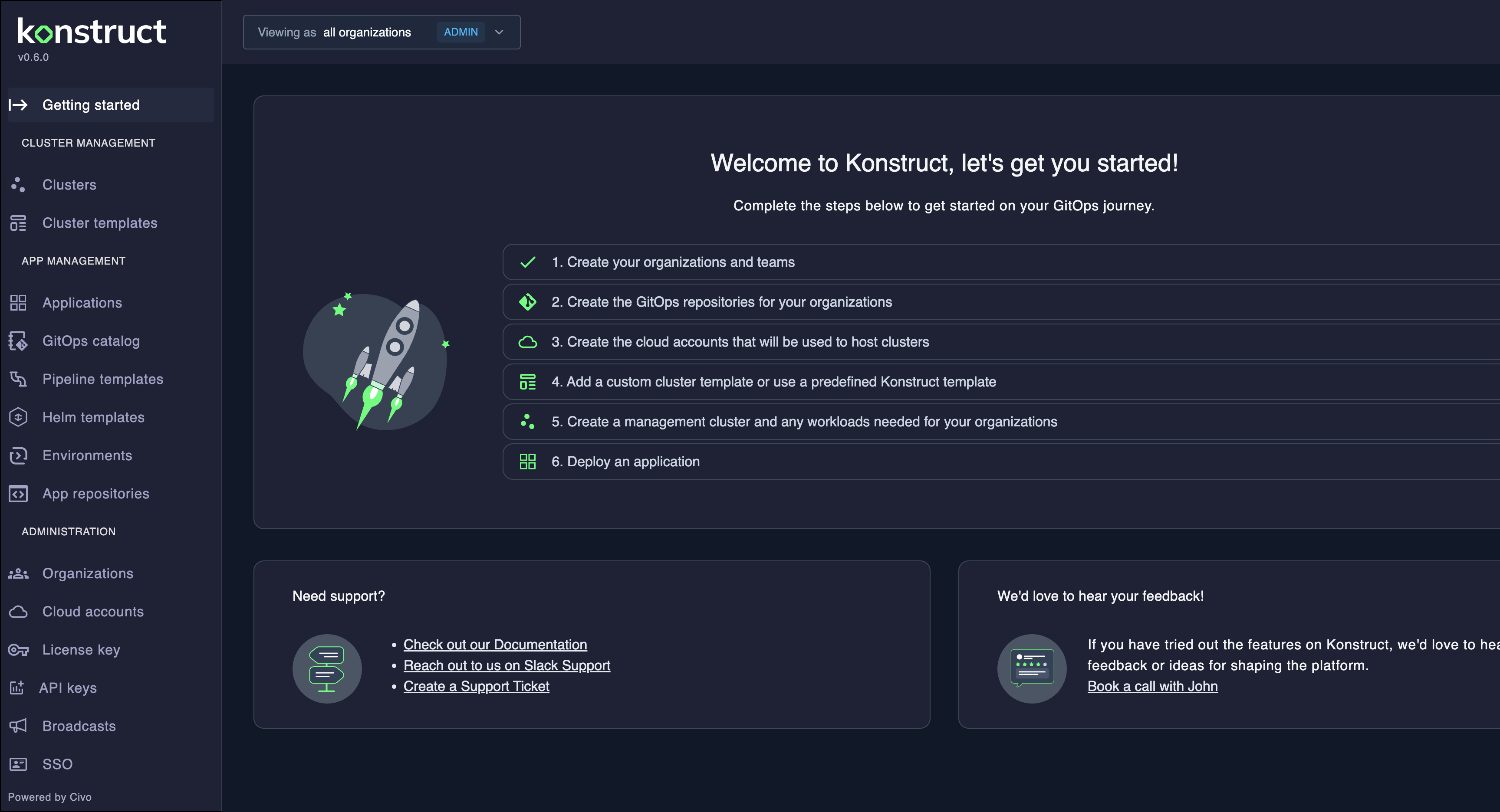 Konstruct Getting Started Dashboard