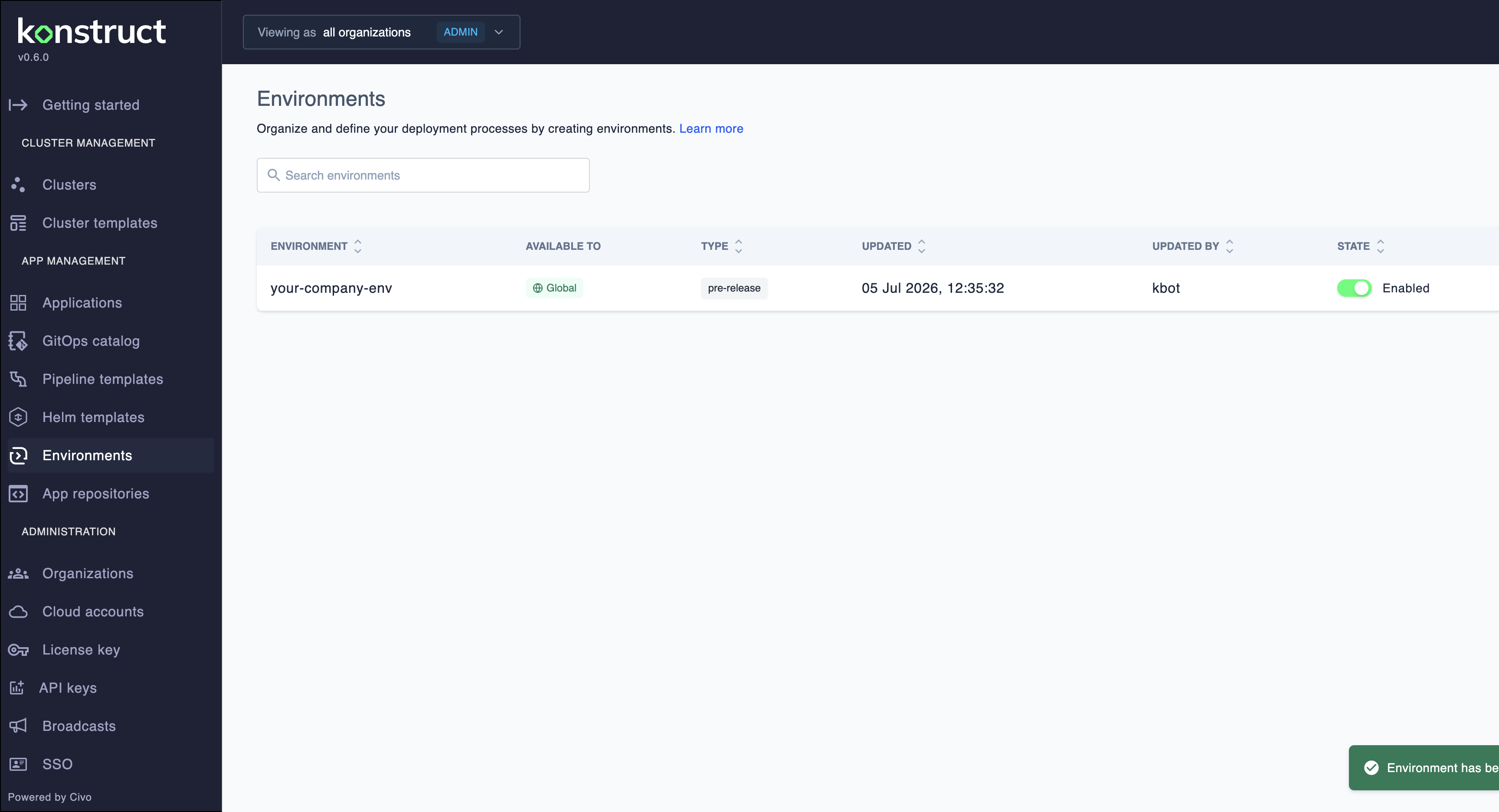 Completed environment form