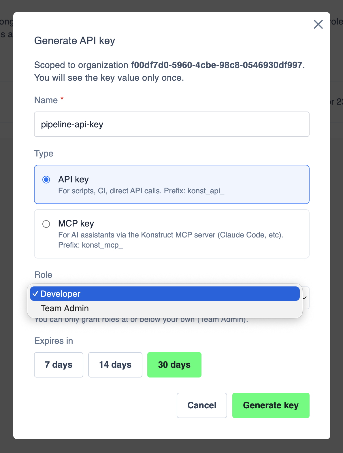 Generate API key dialog