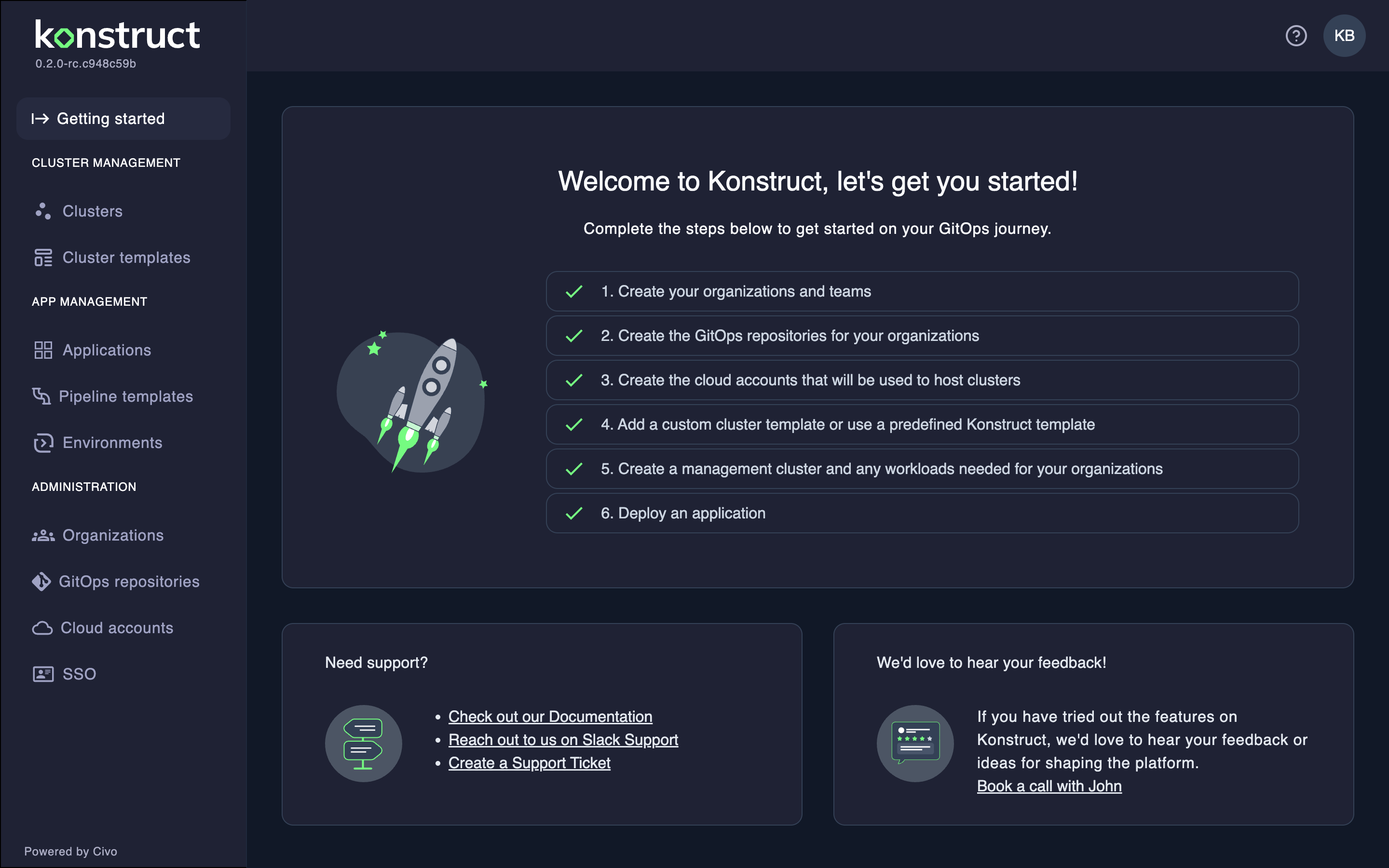 Konstruct Getting Started Dashboard
