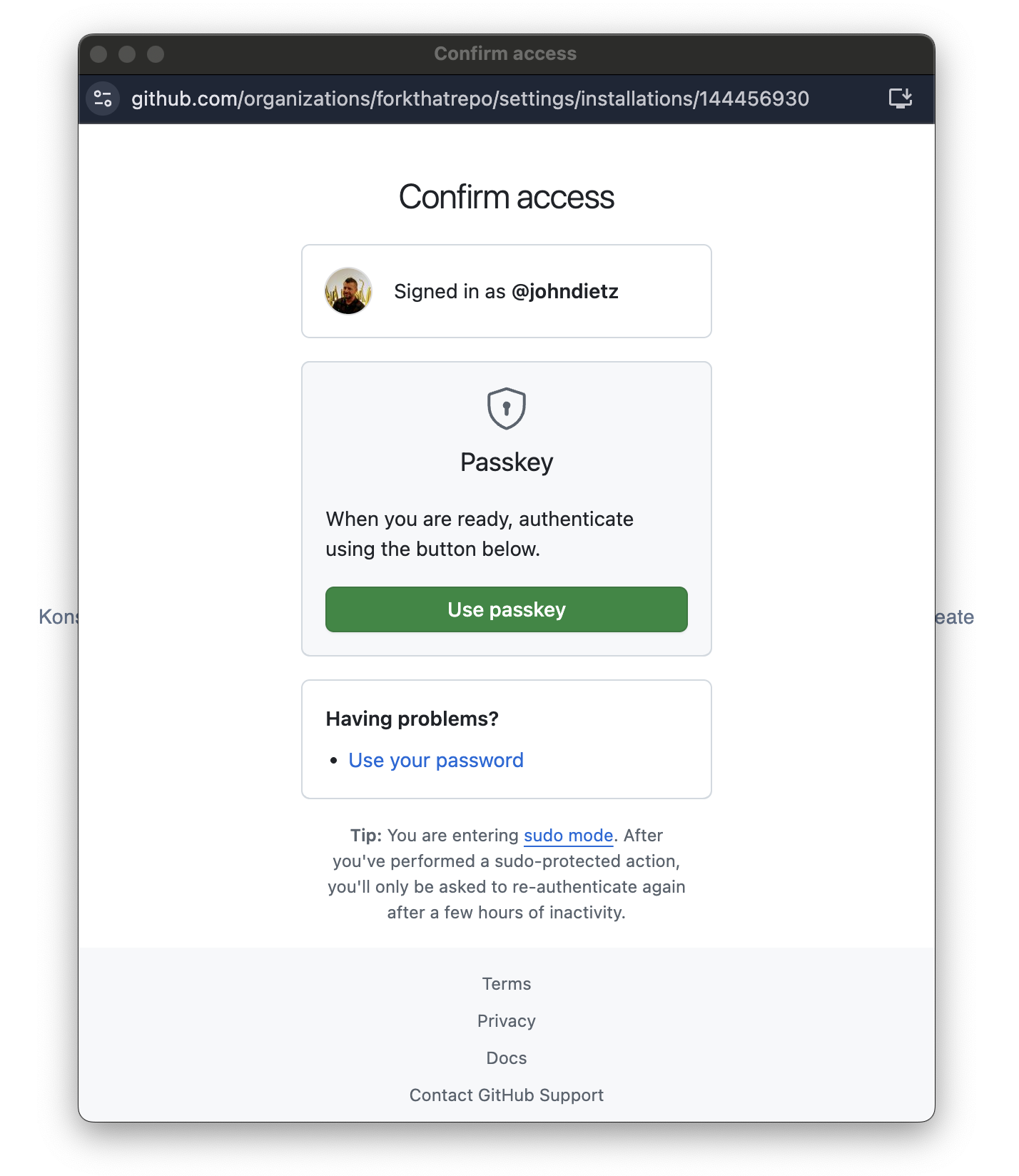 GitHub confirm access popup
