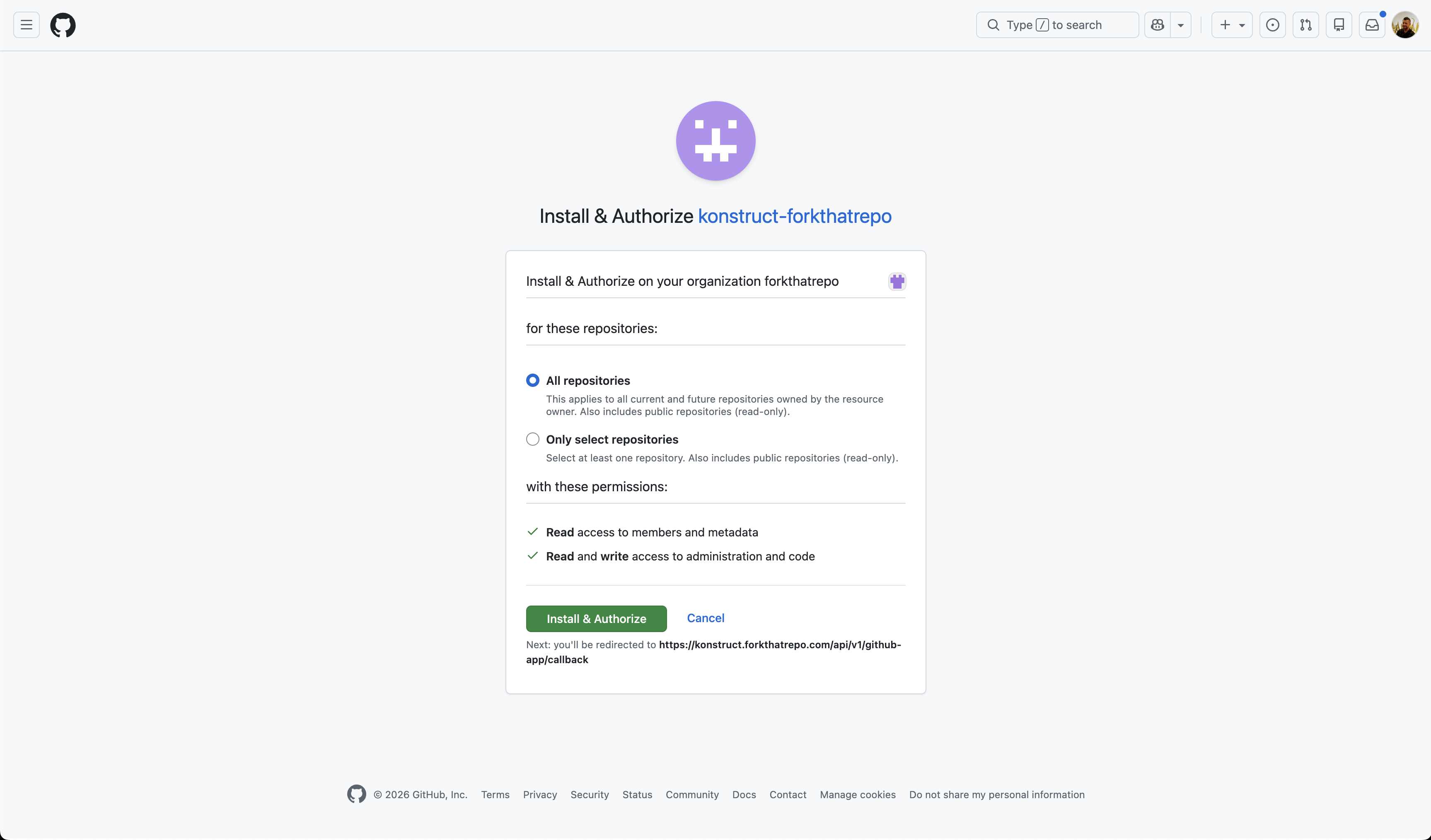 GitHub Install & Authorize page — select repository access and confirm