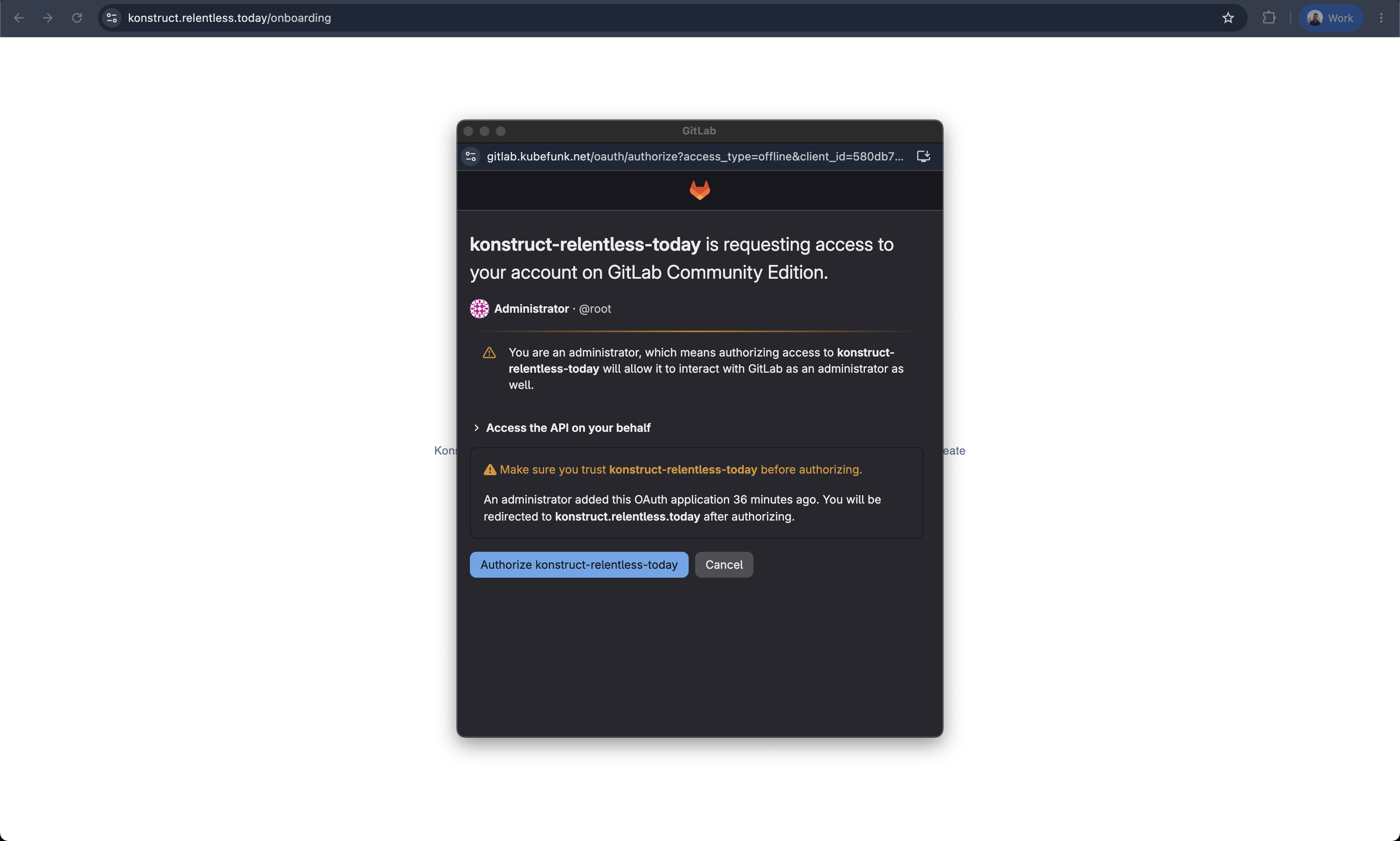 GitLab authorization popup on the self-hosted instance