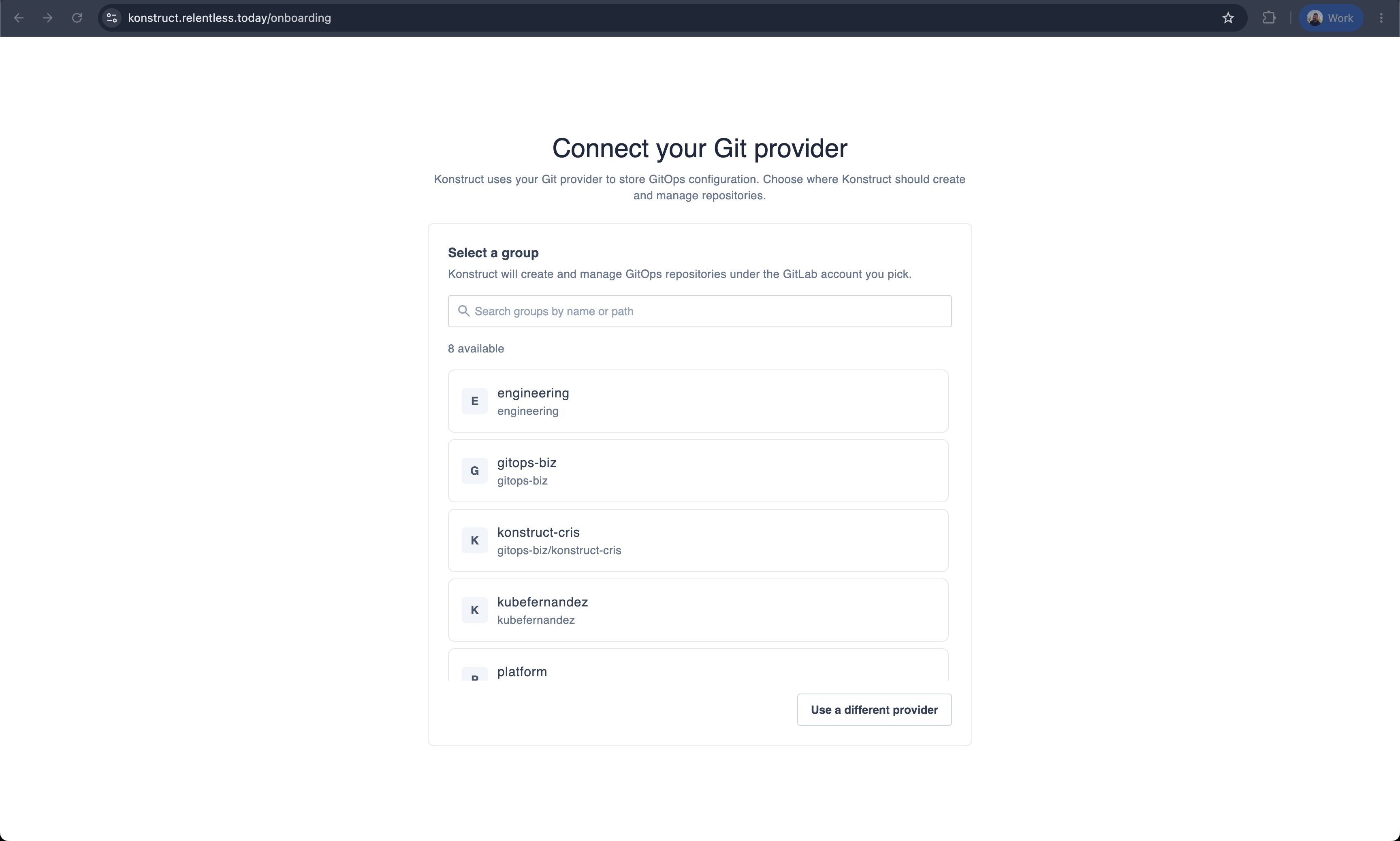 Select the GitLab group for GitOps repositories