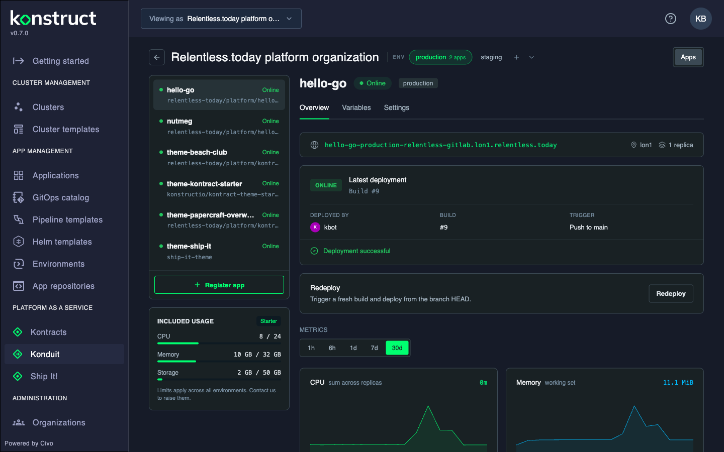 The Konduit home view: environment chips in the header, the app rail on the left, a live app with its deployment card and metrics on the right