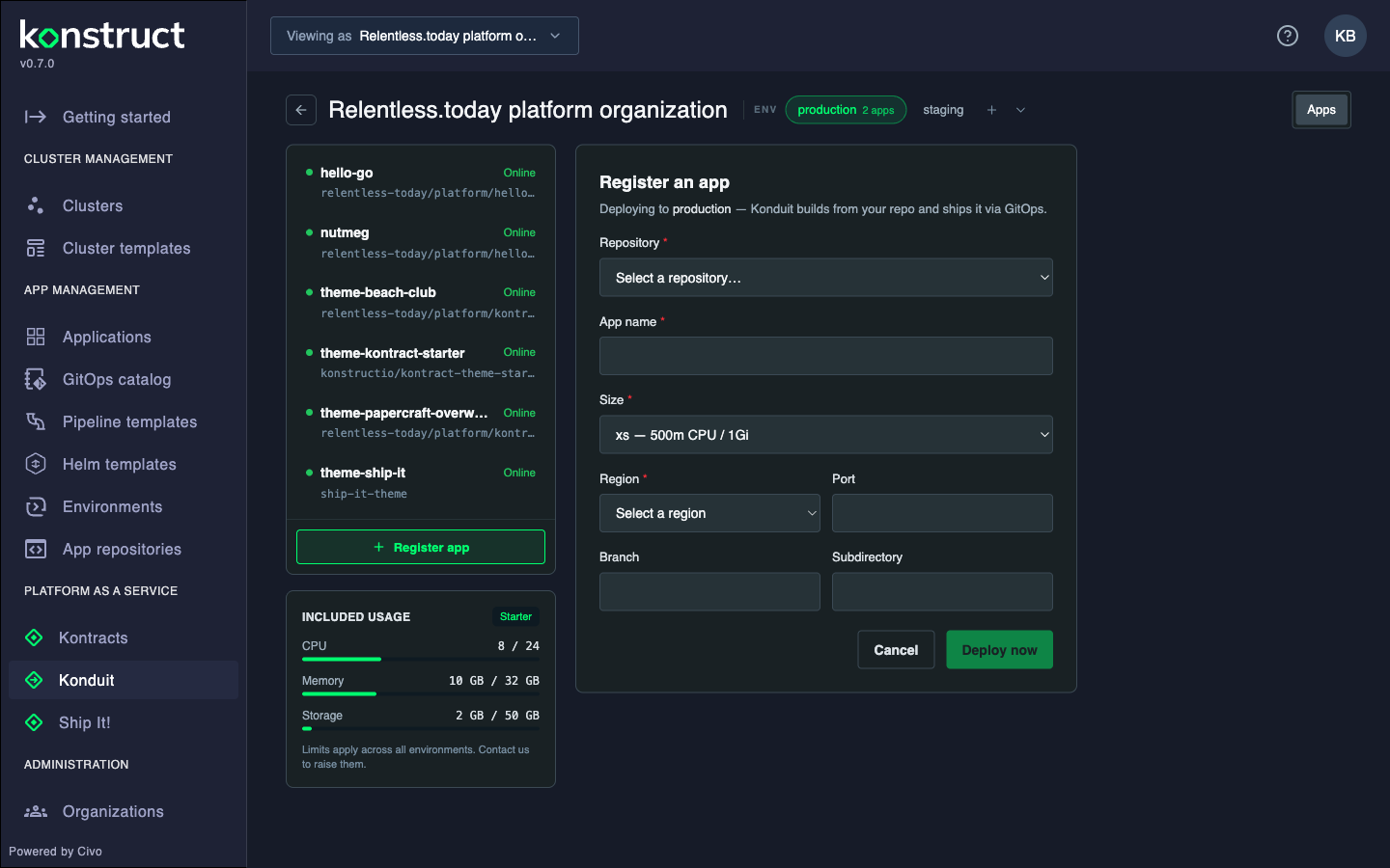 The register form: repository picker, app name, size, region, port, branch