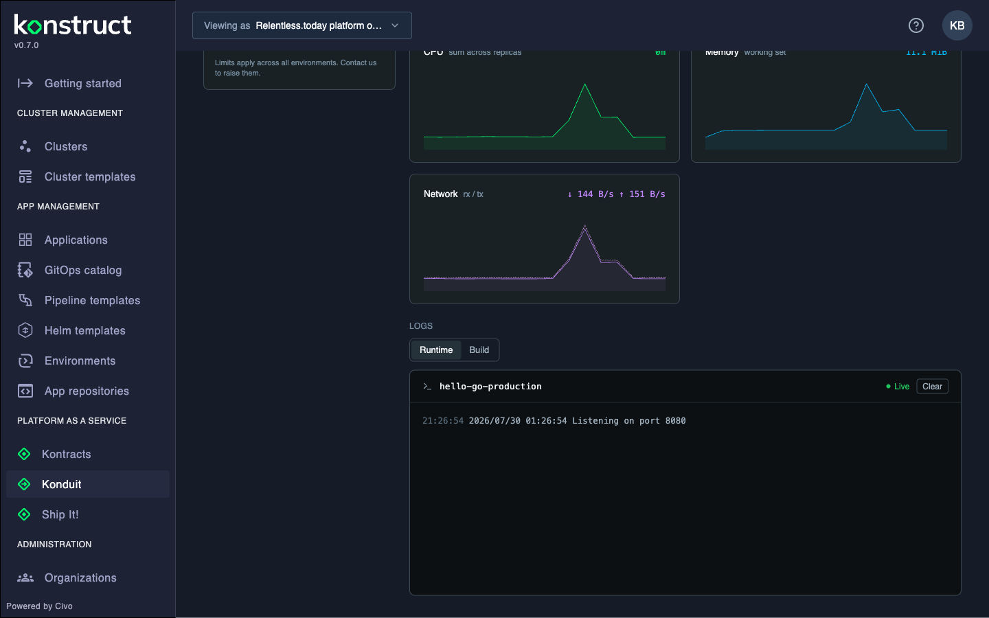 Live CPU, memory, and network charts above the runtime log stream
