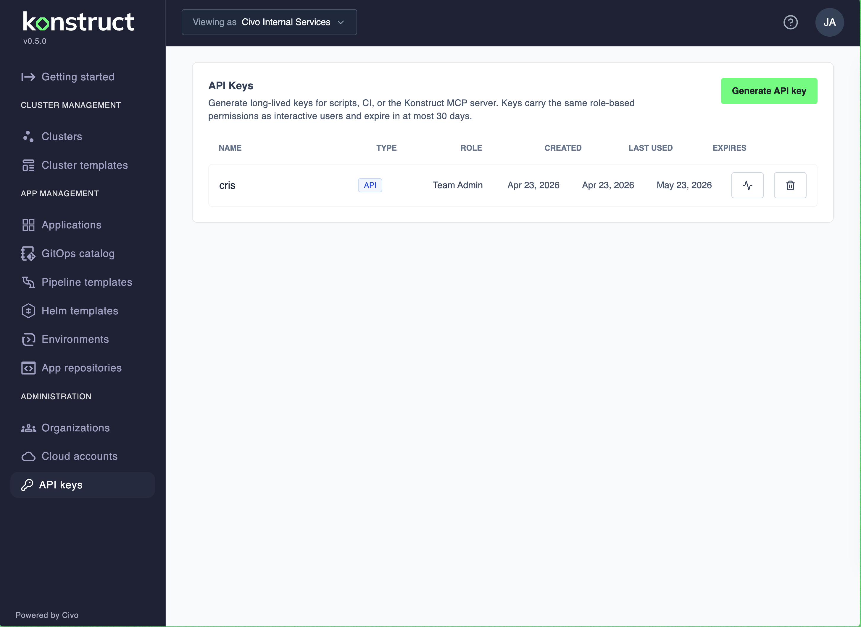 API keys list with Generate API key action