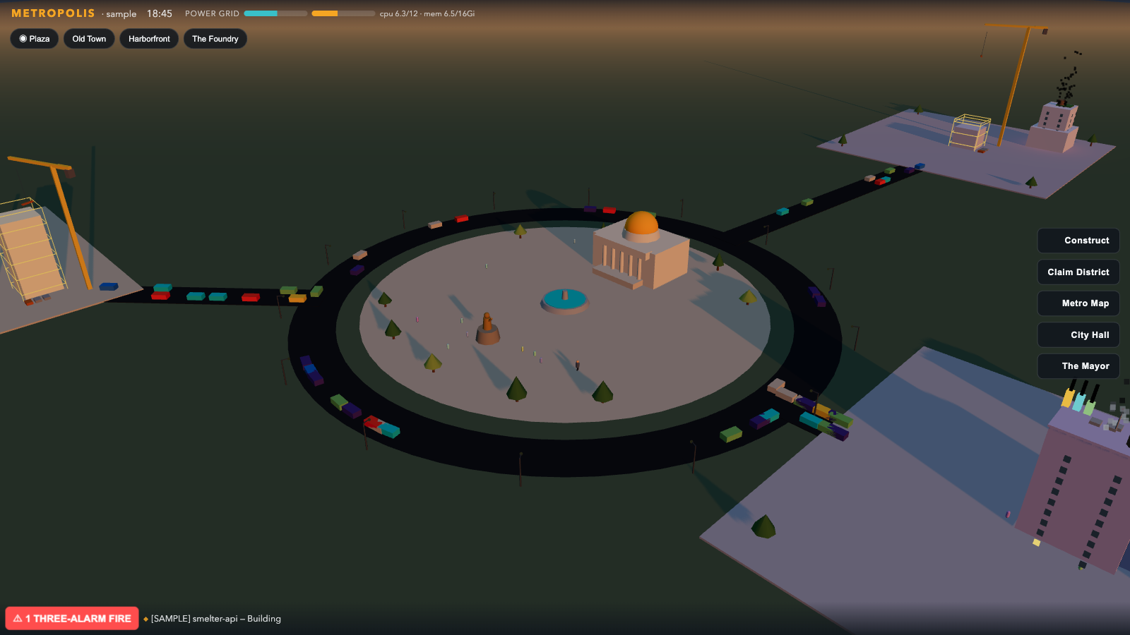 The Metropolis sample city at golden hour: the civic plaza and gold-domed City Hall inside the ring boulevard, district jump chips and the Power Grid meter in the header, construction cranes over two districts, failure smoke rising from a burning building, and rooftop metric gauges on a live tower