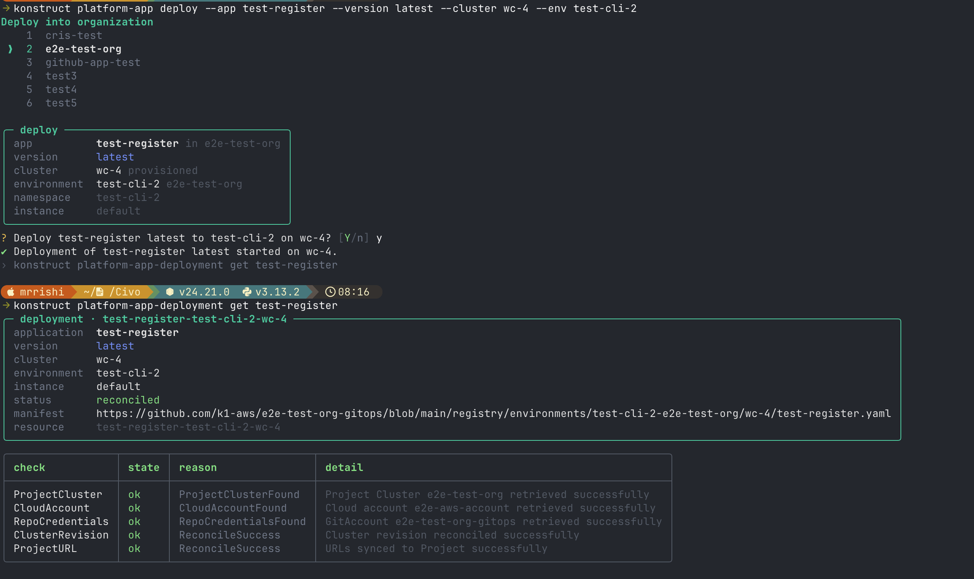 Terminal showing a deployment summary and confirmation prompt, then the deployment reported as reconciled with its composed resource name, a link to the rendered manifest in the repository, and five passing checks