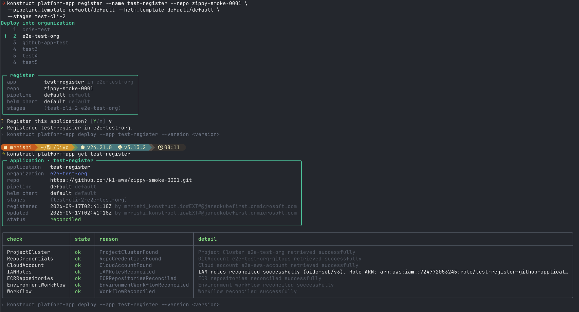 Terminal showing a registration summary and confirmation prompt, then the registered application reported as reconciled with a table of seven checks all passing, including the resolved repository address and the role the pipeline assumes
