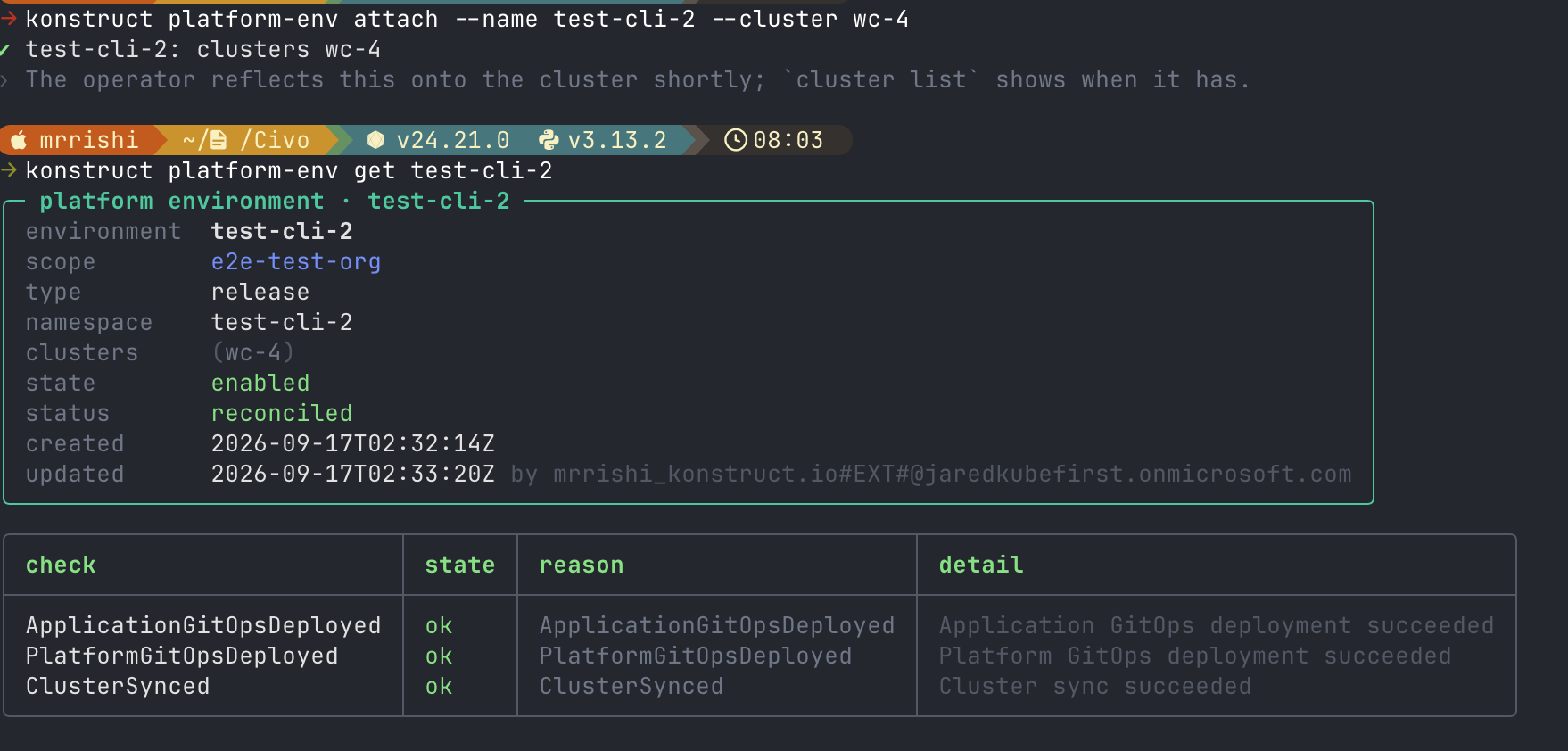 Terminal showing a cluster being associated with the environment, then the environment listing that cluster and reporting every check as passing