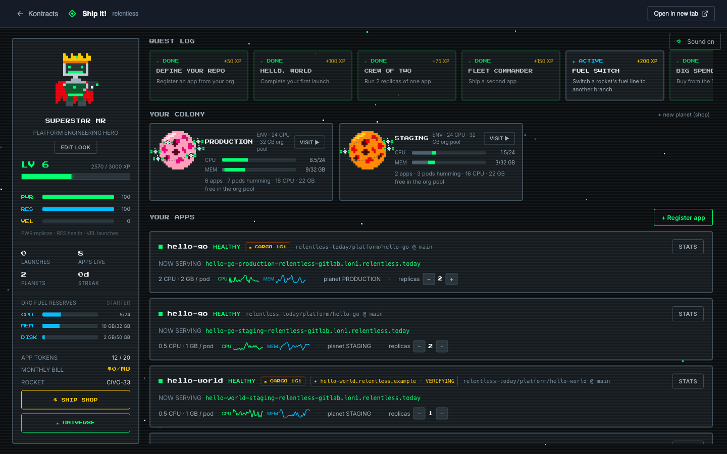 The Ship It headquarters: quest log, planets with shared-pool bars, the hero panel with org fuel reserves, and app cards with live sparklines