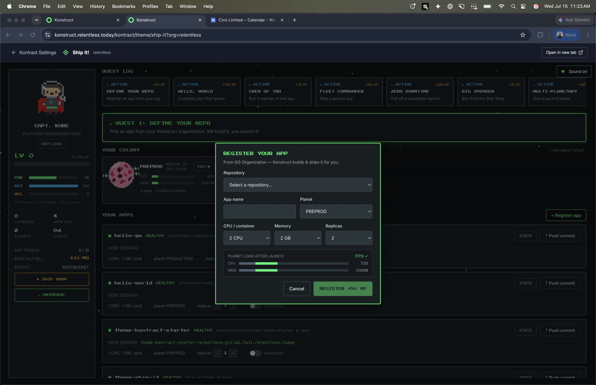 Ship It! launched with real organization data: quest log, hero panel, a colony planet with live capacity bars, the app list, and the in-game register-app dialog with its fit check