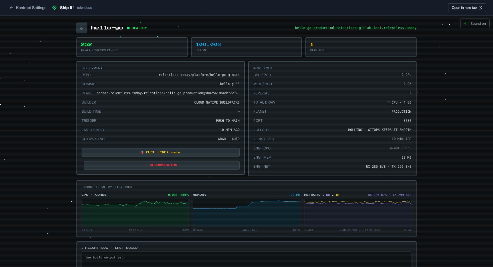The rocket detail: engine telemetry charts for the last hour, flight log, and live flight telemetry