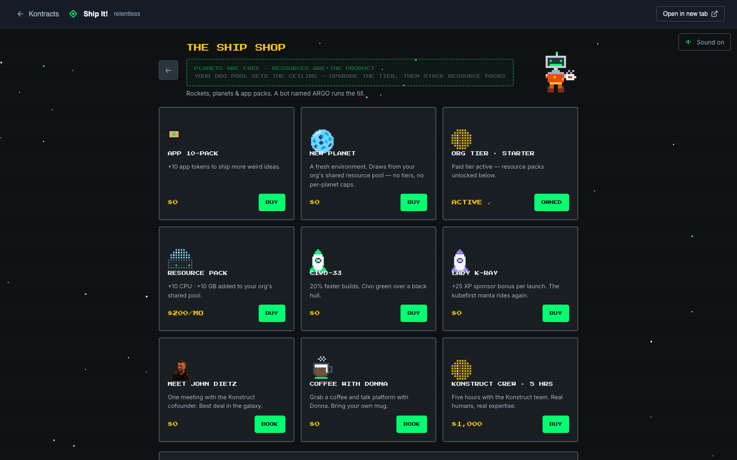 The Ship Shop: free planets, resource packs from real rates, two rockets, and bookable humans